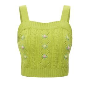 NEW Cider lime green floral embroidery knit sweater‎ cropped tank top L